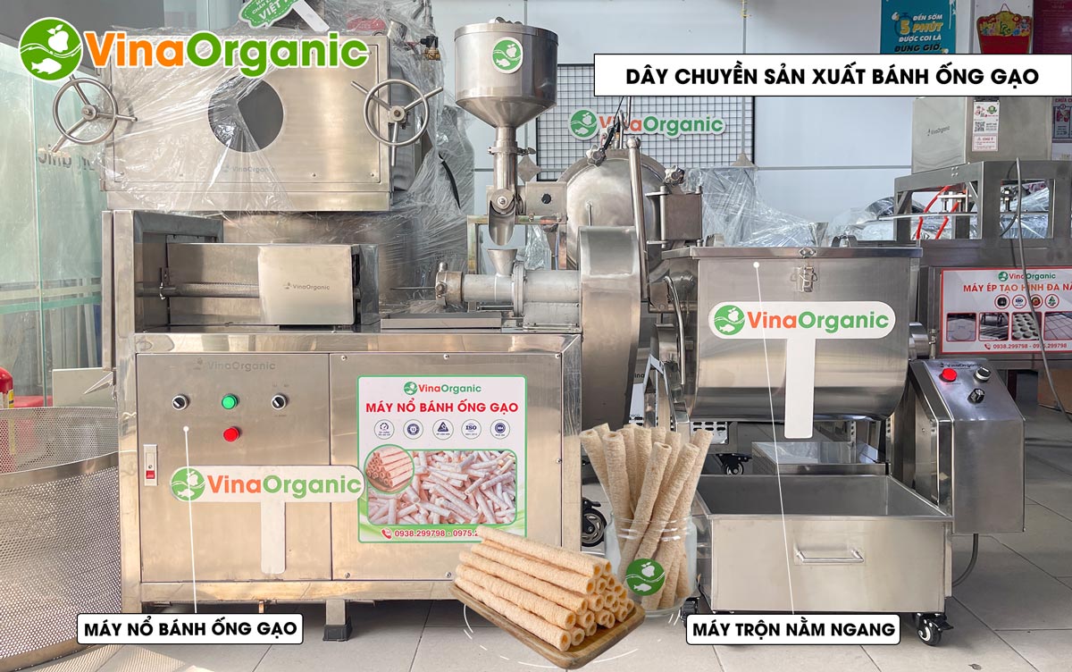 VinaOrganic cung cấp dây chuyền sản xuất bánh ống gạo giòn xốp, năng suất cao, đảm bảo an toàn thực phẩm. Liên hệ Hotline 0975299798 0938299798
