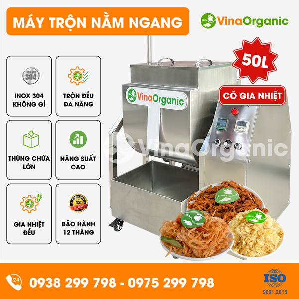 MTN050H - Máy trộn nằm ngang 50L có gia nhiệt, sao khô gà, chà bông