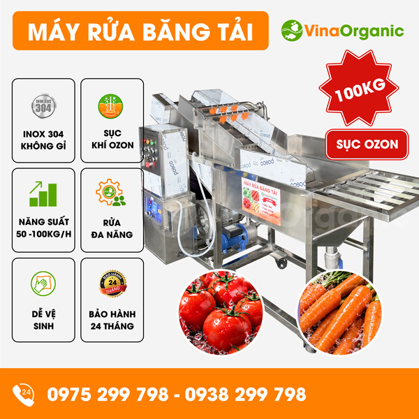 RBT100Z - Máy rửa băng tải 100kg (có sục ozon), rửa trái cây, nông sản nhanh chóng, chất lượng